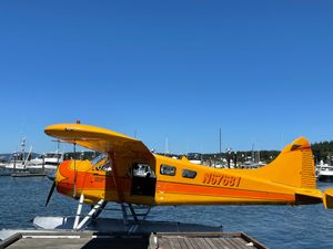 Flying Beaver seaplane over San Juan islands